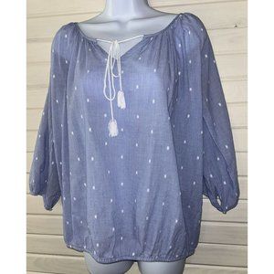 J. CREW Sz SMALL Blue Embroidered Dot Peasant Top Tassel Tie 100% Cotton EUC